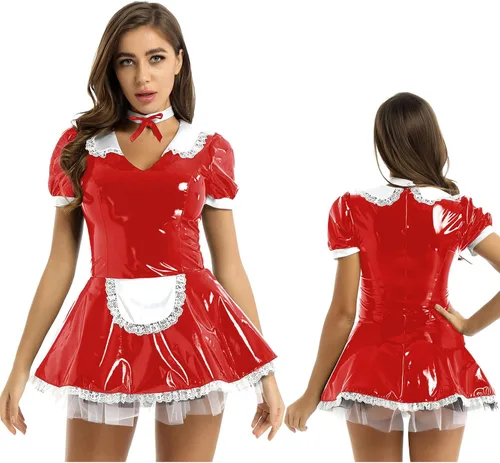 Vista 5 de Vestido de sirvienta de látex francés de manga corta para mujer, disfraz de cosplay con delantal