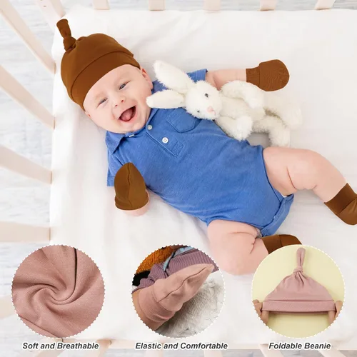 Vista 4 de 5 juegos de sombreros y mitones de bebé, gorros prematuros, guantes de calcetines para recién nacidos, guantes para recién nacidos, gorros de bebé