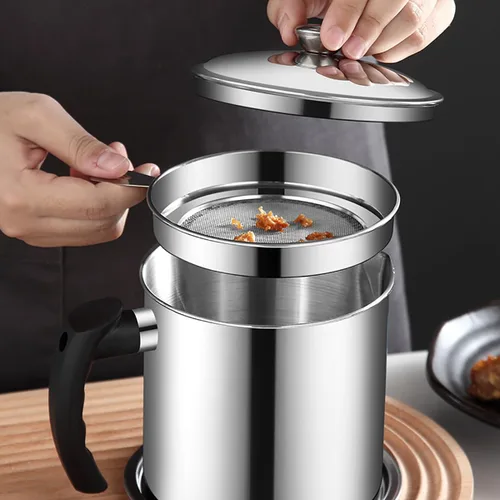 Vista 3 de Contenedor de grasa con filtro de malla fina olla tanque de almacenamiento de aceite de cocina (1.8 L plateado)