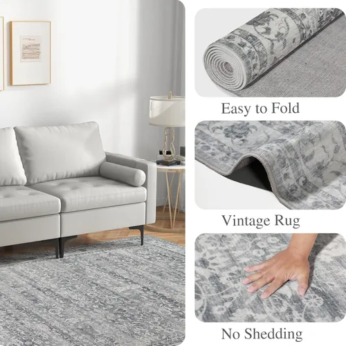Vista 6 de Alfombra de 2 x 3 pies, antideslizante, lavable, de pelo bajo, suave, delgada, pequeña, alfombra vintage y bohemia para interiores, alfombras