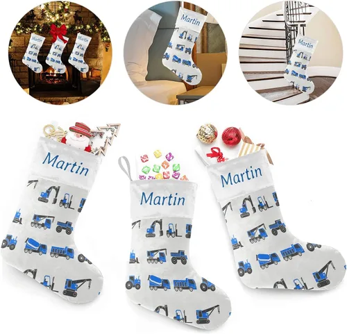 Vista 3 de Medias de Navidad para camión volquete personalizadas, color azul, bolsa de dulces con nombre para decoración de fiestas familiares, regalo de 17.52