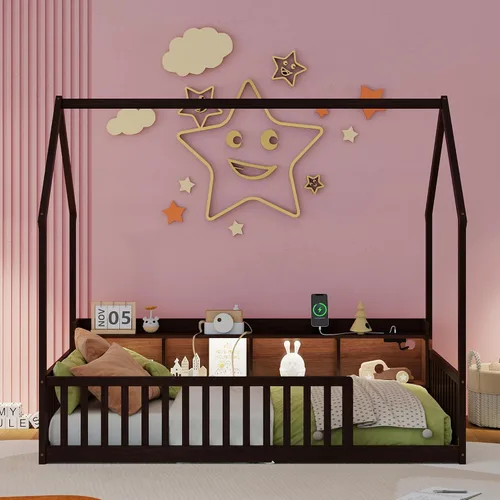 Vista 3 de Bellemave Twin House Floor Bed Frame,Espresso Solid wood montessori bed with storage shelves, built-in LED lights, charging station, no box spring