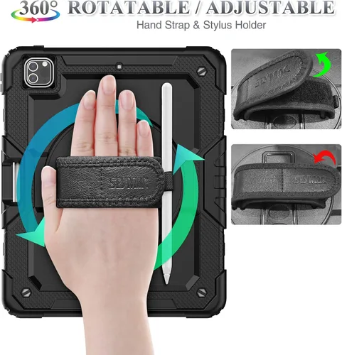 Vista 3 de SEYMAC stock Funda para iPad Pro de 12.9'' 2022/2021/2020/2018 con protector de pantalla giratorio 360 y correa de mano, funda a prueba de caídas