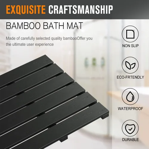 Vista 7 de Tapete de baño para ducha de lujo, antideslizante, de madera de bambú, impermeable, para uso en interiores o exteriores (negro)