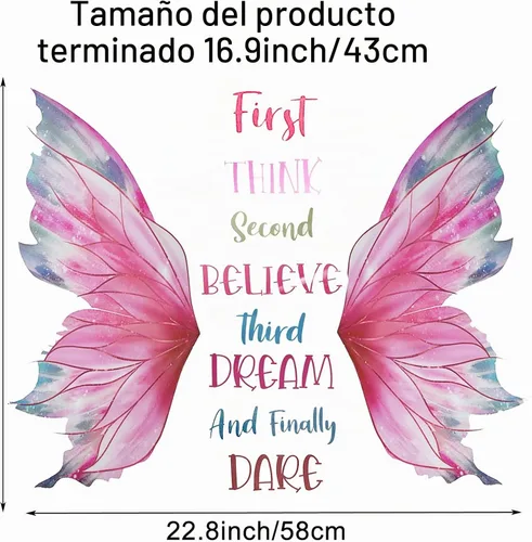 Vista 4 de Calcomanía de pared con citas de mariposa rosa, Think Believe Dream Dare - Calcomanías de pared de vinilo autoadhesivo para decoración de pared