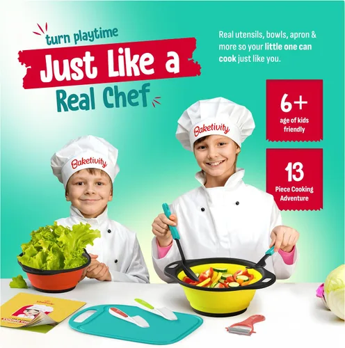 Vista 2 de Baketivity Juego de cocina para niños, utensilios reales con guía de herramientas de cocina, juego completo de cocina junior regalo para niñas
