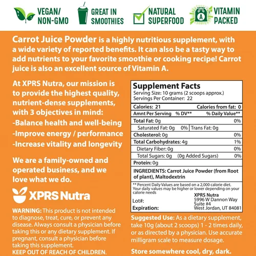Vista 2 de XPRS Nutra Polvo de jugo de zanahoria 100% natural, polvo de zanahoria puro de los Estados Unidos, ideal para jugo y batido, alto en vitamina A
