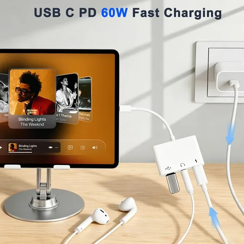 Vista 3 de USB C a 3.5mm Adaptador de Audio OTG, Adaptador USB-C a USB 3en1 con Conector de Auriculares de 3.5mm y Carga Rápida PD de 60W, Compatible
