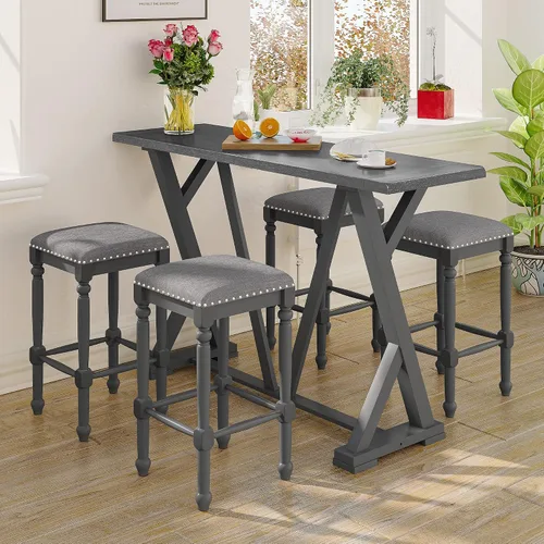 Vista 22 de Farmhouse - Juego de comedor rústico de 5 piezas con 4 taburetes, juego de mesa consola de madera con acabado de dos tonos, para comedor pequeños