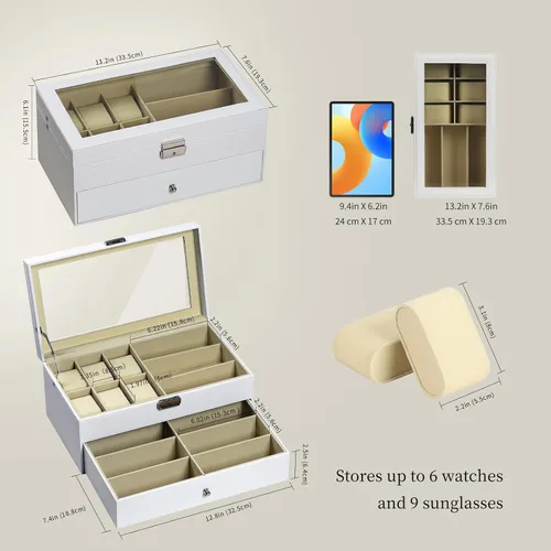 Vista 2 de AUTOARK AW-131 - Caja de cuero para 6 relojes, joyero y 9 piezas para guardar lentes de sol y lentes de sol, cajón organizador con cerradura