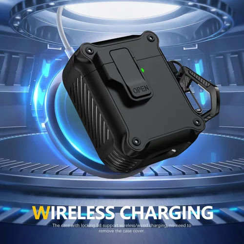 Vista 4 de RFUNGUANGO - Estuche protector para AirPods de 1ª y 2ª generación, con clip de bloqueo de seguridad, completo, a prueba de golpes, con llavero negro