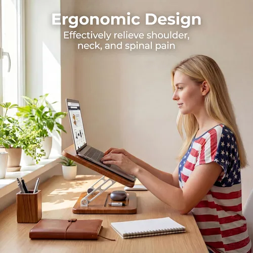 Vista 2 de Soporte ergonómico de madera para portátil con ranura para bolígrafo, altura y ángulo ajustables, refrigeración hueca, plegable para uso