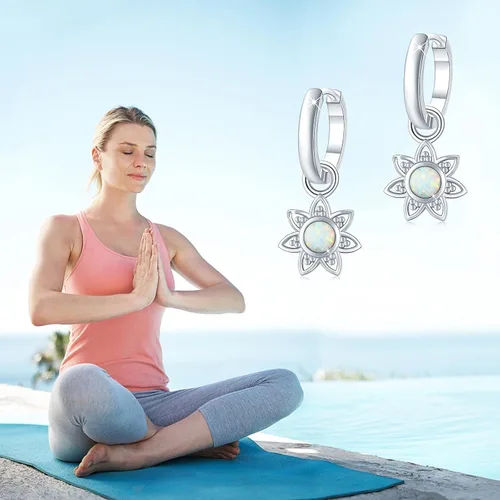 Vista 6 de Sun Flower Earrings 925 Sterling Silver Opal FlowerLeaf Hoop Charm Hoop Huggie Synthetic Opal Dangle Drop Earrings Jewelry Gifts for Women
