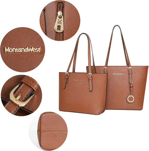 Vista 5 de Montana West Bolso de mano para mujer bolso de hombro de cuero vegano tamaño grande y mediano juego de 2 monederos