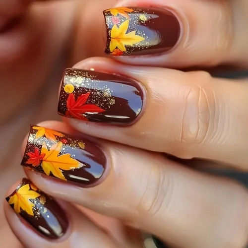 Vista 20 de Uñas postizas a presión de otoño, uñas postizas cortas cuadradas de MABKJLF con diseños de hojas de arce, pegamento brillante en uñas, uñas