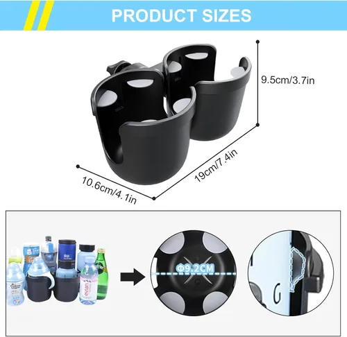 Vista 4 de JINKEY Soporte universal de doble taza de rotación de 360° para cochecito de bebé, ajustable 2 en 1 doble soporte para cochecito para bicicleta