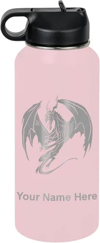 Vista 39 de LaserGram Botella de agua con tapa abatible de doble pared de 12 onzas con pajilla, dragón, grabado personalizado incluido (negro)