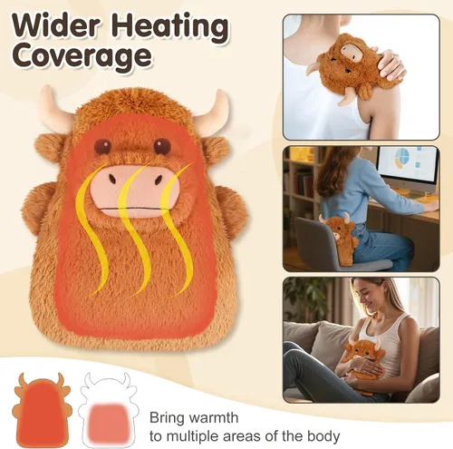 Vista 5 de Highland Cow Almohadillas térmicas para microondas para vientre, cuello y hombros, felpa calentable con calor húmedo, funda de felpa extraíble