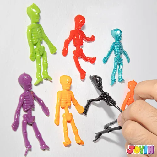 Vista 6 de JOYIN 72 piezas de esqueletos elásticos de Halloween, juguetes para aliviar el estrés de Halloween, 9 colores, juguetes elásticos de calavera