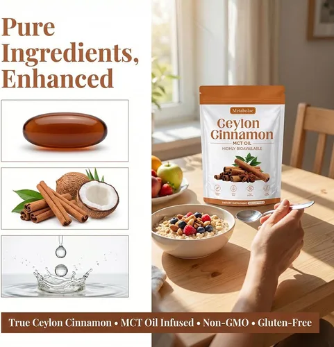 Vista 2 de Metabolae Cápsulas blandas de canela de Ceilán con aceite MCT, extracto de hierbas altamente biodisponible, sin OMG, sin gluten, 300 cápsulas