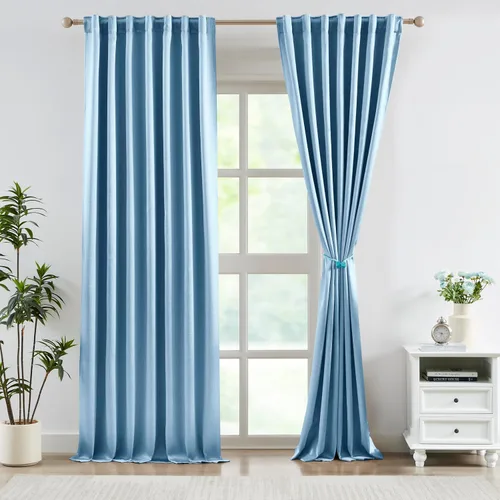 Vista 10 de Bujasso Cortinas de jacquard negras con bolsillo para barra, pestaña trasera y lazos de lujo, cortinas aisladas térmicamente para oscurecer
