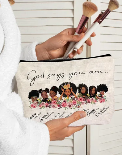 Vista 8 de LANBAIHE Bolsa de maquillaje cosmética especial afroamericana con texto en inglés "God Says You are One", regalo inspirador para amigas, hermanas