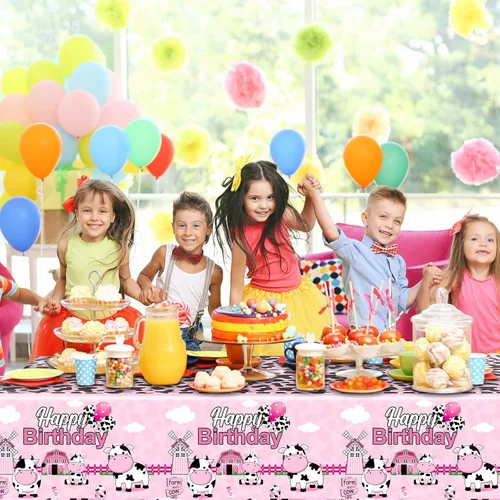 Vista 5 de Tiamon 3 manteles de plástico de 108 x 54 pulgadas para fiesta de cumpleaños de vaca, funda de mesa con estampado de vaca rosa, manteles de animales