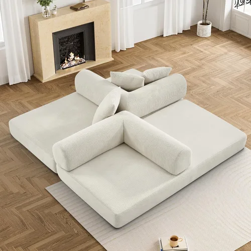 Vista 8 de DAMAIFROM - Sofá cama convertible sin huesos, color beige y blanco 80" Corduroy Modular Compressed Futon Sofa Bed, Pull-Out Cloud Loveseat with