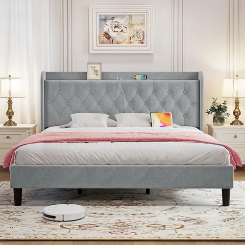 Vista 10 de koorlian Marco de cama tamaño matrimonial, Marco de cama tamaño matrimonial con cabecero, Marco de cama tapizado ajustable con puerto tipo C y USB