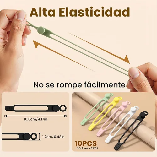 Vista 2 de 10 bridas de silicona reutilizables, organizador de cables de datos, organizador de cables para oficina, multiusos, organizador de cables