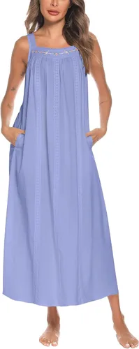 Vista 34 de YOZLY Camisones de algodón para mujer con bordado, sin mangas, con bolsillos S-XXXL