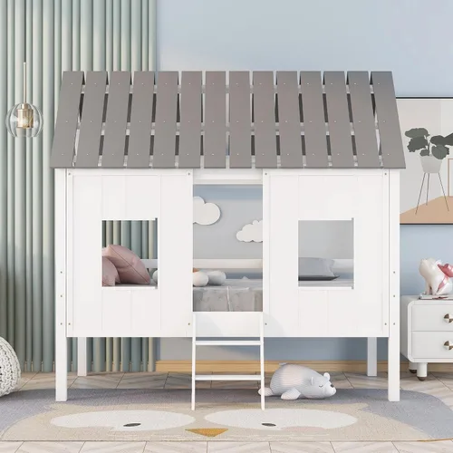 Vista 3 de Harper & Bright Designs Cama tipo loft de casa tamaño individual, marco de cama baja de madera maciza con techo y ventanas, escalera para niños