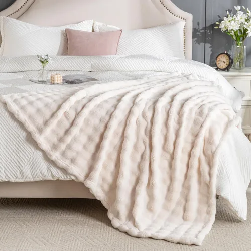 Vista 3 de Manta de Tiro de Piel Sintética Color Hueso para Sofá, Manta Suave y Esponjosa de Burbujas para Cama y Sofá, Manta Gruesa y Cálida de Felpa Difusa