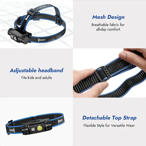 Vista 5 de WUBEN H1 Linterna frontal recargable por USB de 1200 lúmenes, faro LED 10 modos IP68 impermeable para senderismo, escalada, pesca, campamento