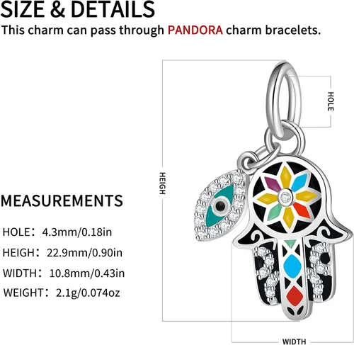 Vista 4 de AIEGNOS Abalorios de plata de ley 925 para pulsera y joyería de la suerte, abalorios de Hamsa de Fátima, abalorios europeos compatibles con el mal