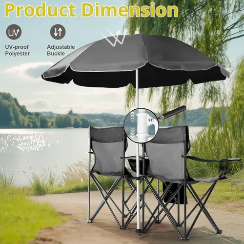 Vista 5 de Silla plegable, silla de camping portátil de 2 asientos con sombrilla extraíble, sillas plegables para exteriores, sillas portátiles de pesca