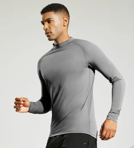 Vista 2 de MIER Camiseta de manga larga con cuello alto falso para hombre, ligera, de compresión, para correr, atletismo, entrenamiento, camiseta de rendimiento