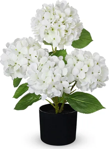 Vista 21 de Hollyone Flores artificiales de hortensias azules en maceta, flores grandes de seda de tres cabezas, arreglos florales falsos para interiores