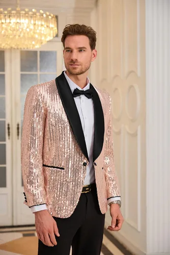 Vista 2 de GRACE KARIN Blazer de lentejuelas brillantes para hombre, con un botón, chal, solapa, esmoquin, fiesta, cena, baile de graduación