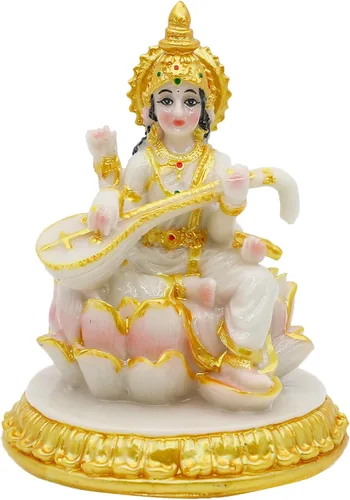 Vista 3 de alikiki Estatua de Saraswati pequeña diosa hindú – 3.9 pulgadas de alto aspecto de mármol Saraswati figura para tablero de instrumentos