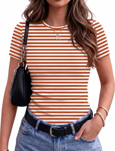 Vista 20 de Zeagoo Camiseta básica elástica de manga corta acanalada con cuello redondo Beige