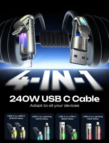Vista 2 de Cable USB C de LISEN de 3 pies para cargador Samsung tipo C, cable de carga 4 en 1 con luz, cable de carga múltiple para iPhone 16 15 14 Pro Rosa