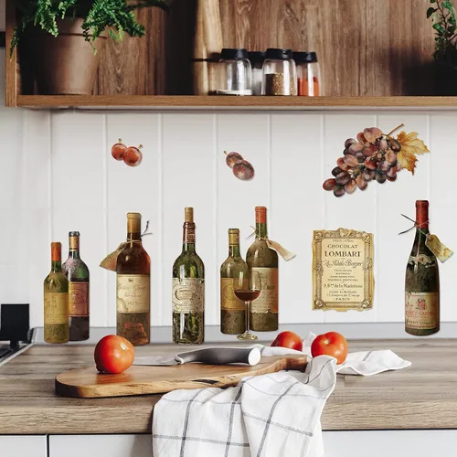 Vista 5 de Censen 2 hojas de calcomanías de pared de vino, calcomanías de arte para despegar y pegar, botella de vino, vidrio, cocina, uva, fruta, calcomanías
