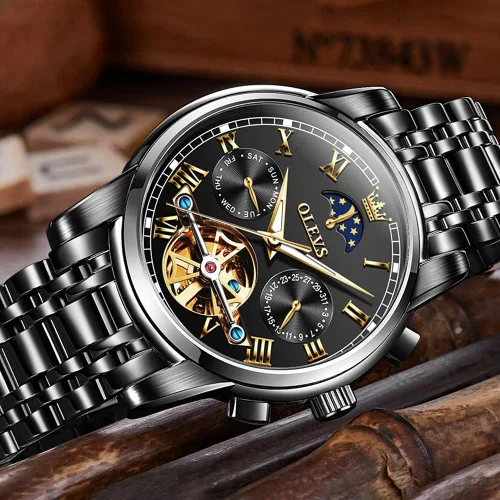 Vista 3 de OLEVS - Reloj mecánico automático Tourbillon Slef-Wind lujoso de acero inoxidable resistente al agua luminoso y con fecha