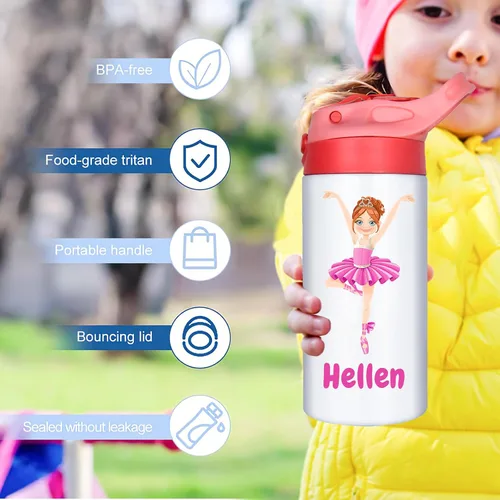 Vista 7 de Botellas de agua personalizadas de bailarina de regalo para niños, 20 onzas con nombre y pajita, tazas de acero inoxidable aisladas de acero