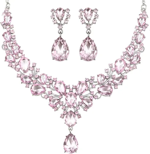 Vista 17 de Hicarer Conjunto de joyas de cristal en forma de lágrima nupcial para mujer, collar, aretes, boda Negro