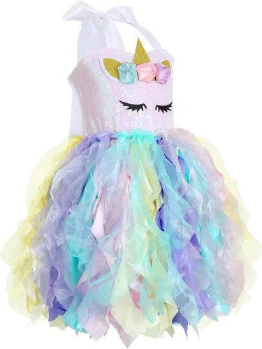 Vista 8 de Wish Care Disfraz de unicornio para niñas de 3 a 10 años vestido de tutú de unicornio con lentejuelas disfraz de fiesta de cumpleaños para niños