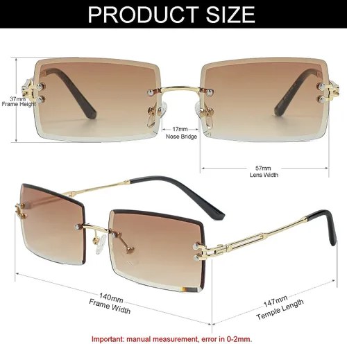 Vista 5 de Lentes de sol rectangulares sin montura para mujeres y hombres, a la moda A1 Marrón degradado