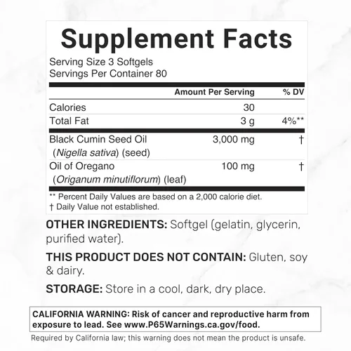 Vista 2 de Aceite de semilla negra 3,000 mg por porción con aceite de orégano, 240