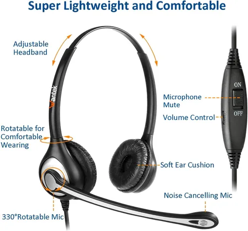 Vista 4 de Wantek Auriculares de teléfono con micrófono con cancelación de ruido, auriculares RJ9 compatibles con ajuste de volumen, interruptor de control